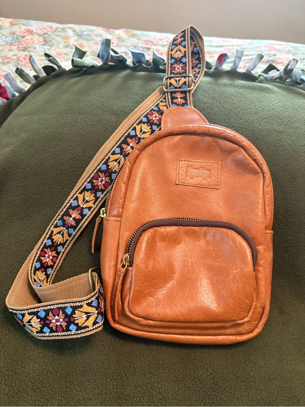 Tan Leather Crossbody Sling Bag with Embroidered Strap